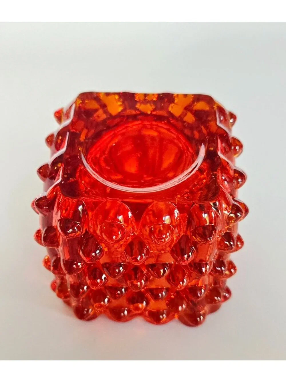 Mid-Century Fenton Glass Red, Amberina Glass Hobnail Candle Holder 2.5